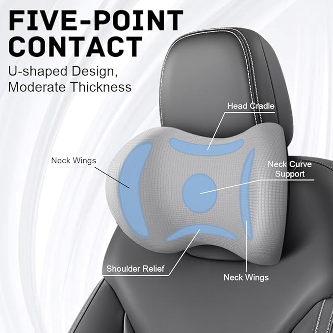 2Pack Car Neck Pillow - No Pressure & Odorless Memory Foam Car Headrest Pillow for Pain Relief, Ergonomic Support with Adjustable Strap & Breathable Removable Cover, Universal Fit(Gray)