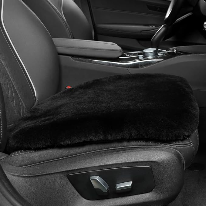 Genuine Sheepskin Auto Seat Pad, Australian Soft Wool Seat Cover Breathable and Sweat-Wicking Comfort Warm Universal Fit,19.2 inch x19.2 inch (Front seat Cushion 2pcs, Black)