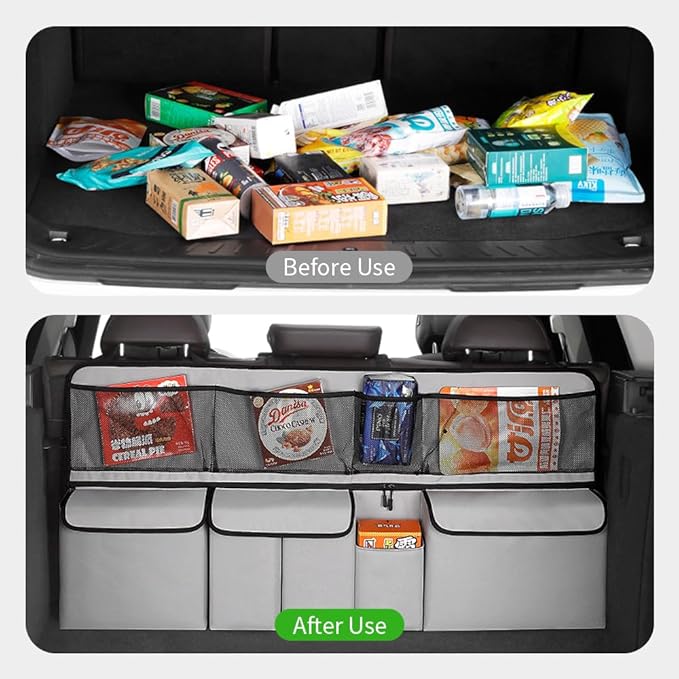 Hanging Car Trunk Organizer, Collapsible Backseat Storage Bag with 8 Large Pockets for Medium or Large Size SUV, Truck, MPV, Car Interior Accessories (Light-gray)