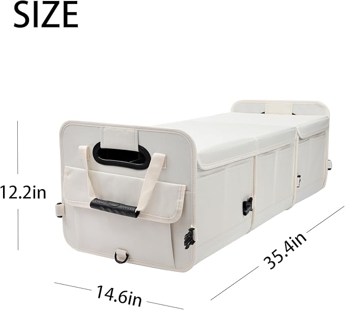 Car Trunk Organizer with Lid Storage Collapsible Multi Compartment Adjustable Straps for SUV, Truck, Sedan(Beige) XL