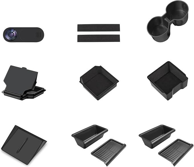 9Pcs Set Center Console Organizer Tray for Tesla Model Y Juniper 2025 2026, Under Seat Storage Box with Lid, Black, 2-Piece Set