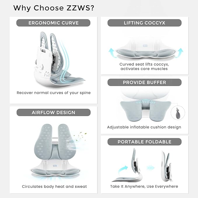 ZZWS Foldable Ergonomic Back and Lumbar Support with Adjustable Inflatable Lumbar Cushion for Good Posture Correction and Back Pain Relief, Perfect for Office, Floor Seat and Work from Home