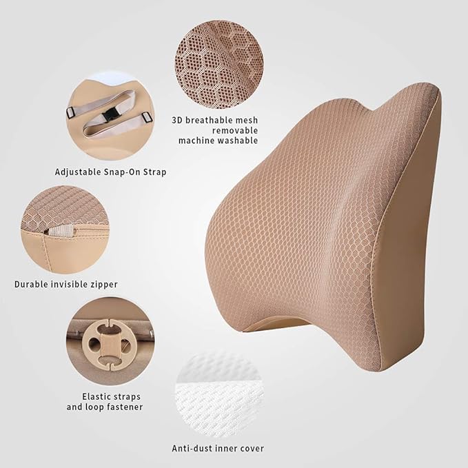 Memory Foam Lumbar Support Pillow for Car - Back Support for Car Seat (Beige)