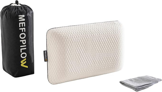 Memory Foam Travel Pillow with Washable Cover & Carry Bag – Compact, Soft & Breathable Neck Pillow for Airplane, Camping & Car (White- with Extra Gray Cotton Cover, 15.7x9.8x3.9 inches)