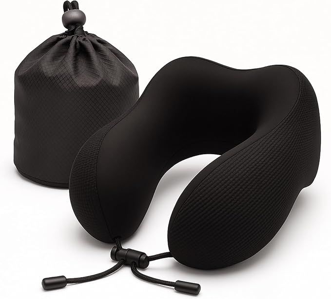 Travel Pillow for Airplane with Cooling Ice Silk & Waffle Cover, Soft Memory Foam U-Shaped Neck Support, Washable & Travel-Friendly for Car, Office & Camping(Black)