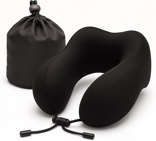 Travel Pillow for Airplane with Cooling Ice Silk & Waffle Cover, Soft Memory Foam U-Shaped Neck Support, Washable & Travel-Friendly for Car, Office & Camping(Black)