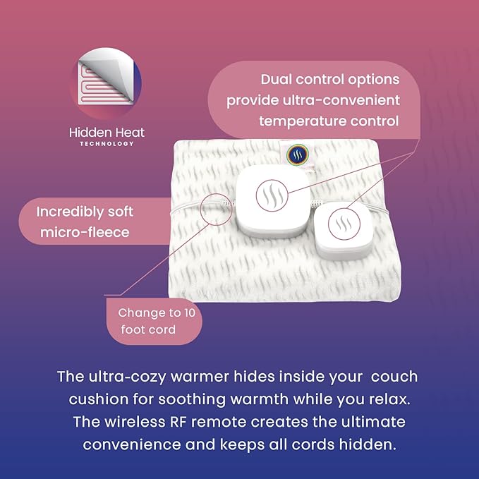 Hidden Heat Electric Couch Cushion Warmer by Spotwarm; Wireless RF Remote, Microplush Flannel Heated Seat, Single User Bed Warmer, Pet Bed Warmer - 17” by 20”