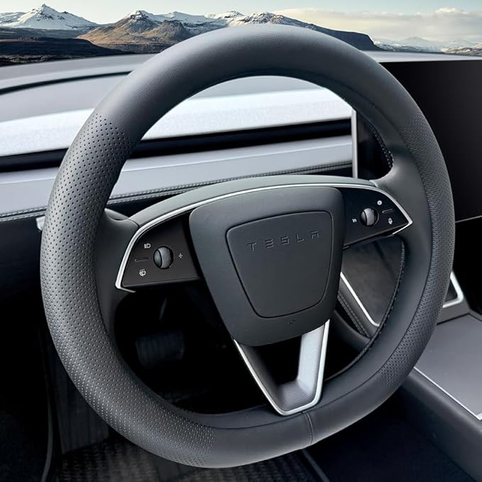 Tesla Model 3 and Model Y Steering Wheel Cover, Comfortable, Non-Slip, Breathable, Black Nappa Leather (Black)