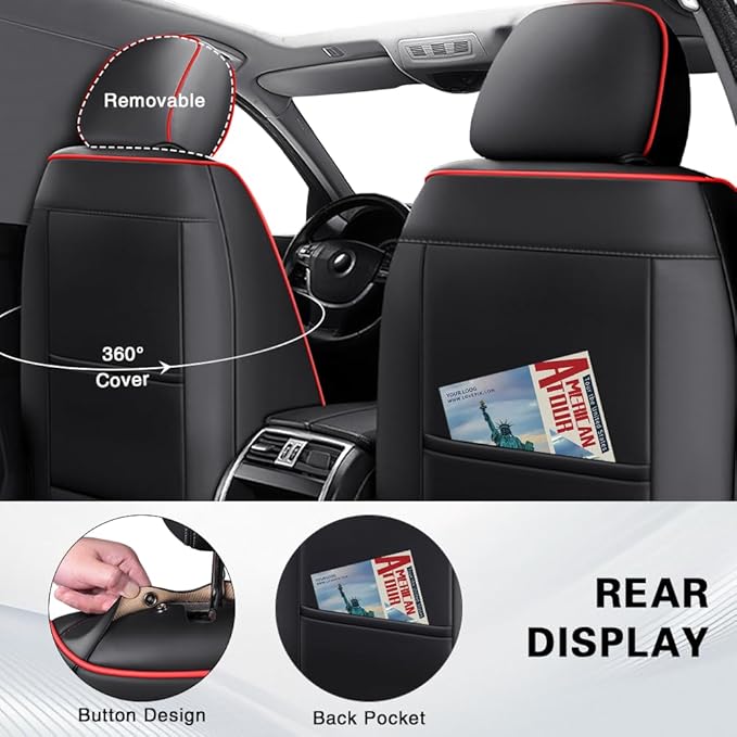 Fit for Dodge Dakota Seat Covers 2000-2011, Nappa Leather, 360° Full Protection, Thick Padding & Memory Foam, Waterproof & Stain-Resistant Car Seat Cover (Fornt Set with Headrests,Black&Red)