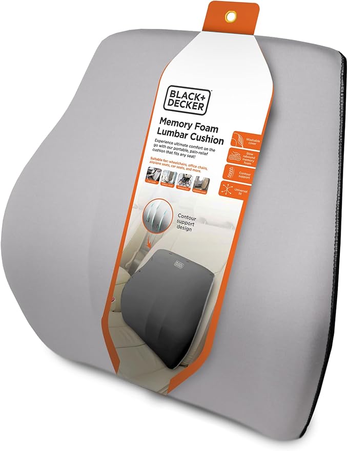 BLACK+DECKER Memory Foam Lumbar Support Pillow, Lumbar Cushion for Office, Car, Wheelchair & Airplane – Adjustable Strap, Full Back Pain Relief, Washable Cover, Grey/Blue
