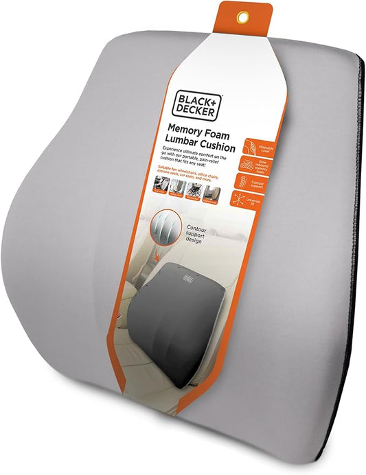 BLACK+DECKER Memory Foam Lumbar Support Pillow, Lumbar Cushion for Office, Car, Wheelchair & Airplane – Adjustable Strap, Full Back Pain Relief, Washable Cover, Grey/Blue