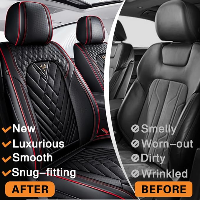 Fit for Dodge Dakota Seat Covers 2000-2011, Nappa Leather, 360° Full Protection, Thick Padding & Memory Foam, Waterproof & Stain-Resistant Car Seat Cover (Fornt Set with Headrests,Black&Red)