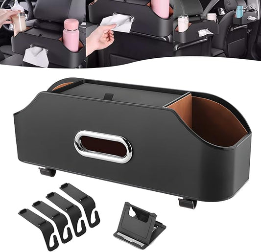 Multifunctional Car Back Seat Storage Organize, 2026 Upgrade 3-in-1 Car Backseat Organizer with Cup Holder, Tissue Box, Trash Bin & Hooks, for Hold Phones, Snacks, Drinks, and Handbags (Black)