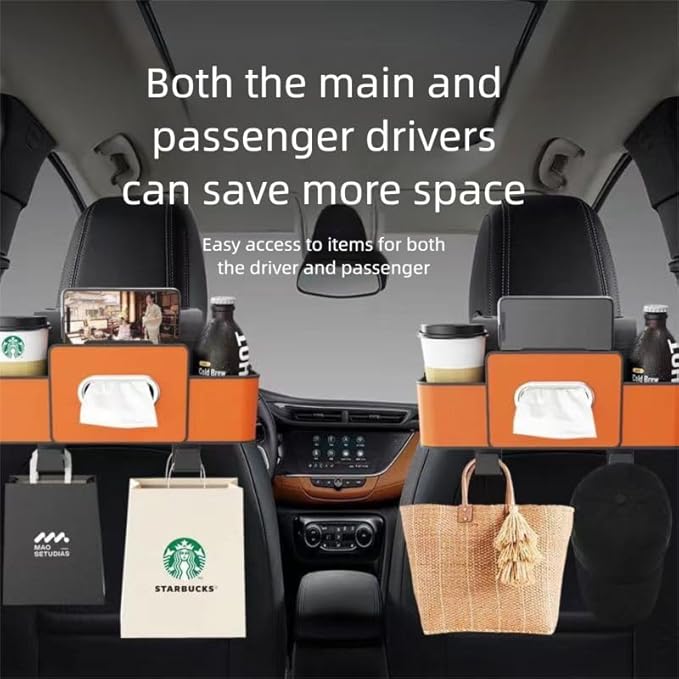 Car Backseat Organizer with Tissue Holder, Multifunctional Storage Rack with Cup Holder and Phone Holder, ABS Material with Leather Finish, Adjustable (Black)