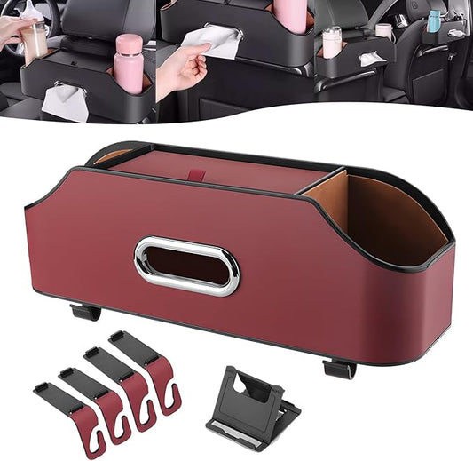 Multifunctional Car Back Seat Storage Organize, 2026 Upgrade 3-in-1 Car Backseat Organizer with Cup Holder, Tissue Box, Trash Bin & Hooks, for Hold Phones, Snacks, Drinks, and Handbags (Red)