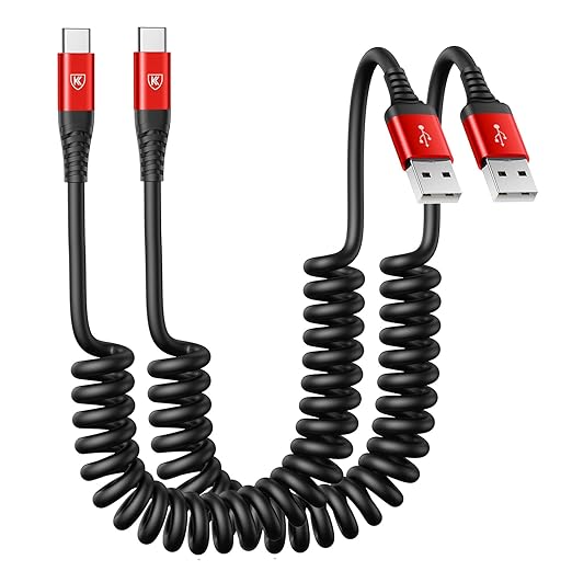 Coiled USB A to USB C Cable for Car 6FT 2Pack USB C Charger Cable Fast Charging Type C Charger Cord USB-C Cable Compatible with iPhone 17/16/15/Plus/Pro/Pro Max/Samsung Galaxy S23 A20 - Red
