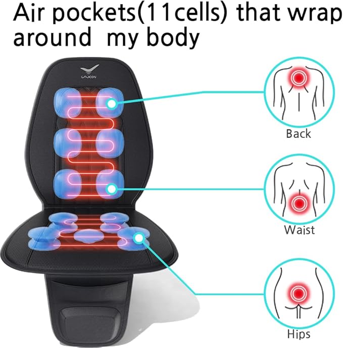 Laxon Vehicle Seat Air Massage Pad. Tailored for Long-Distance Truck Drivers or Drivers with Long commutes. 11 Air Cells Dynamic Work 3 Massage Mode for Back & Hip. Ultra Leater Slim Compy Design.