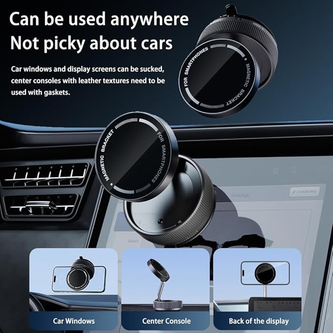 Vacuum Suction Magnetic Car Phone Holder Mount Fit All Phones,Adjustable Phone Holders for Your Car,Mechanical Knob No Need Charging,Metal Ring Stick Outside if Case Non-Magnetic (Black)