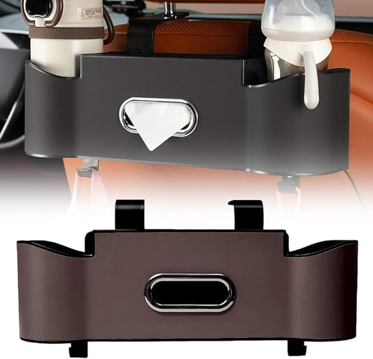 Back Seat Car Organizer with Cup Holder, 2026 New Backseat Car Organizer Back Seat, Multifunctional Car Seat Back Organizer Storage Box with Hooks & Tissue Box, for Drinks, Phone & Handbags (Brown)