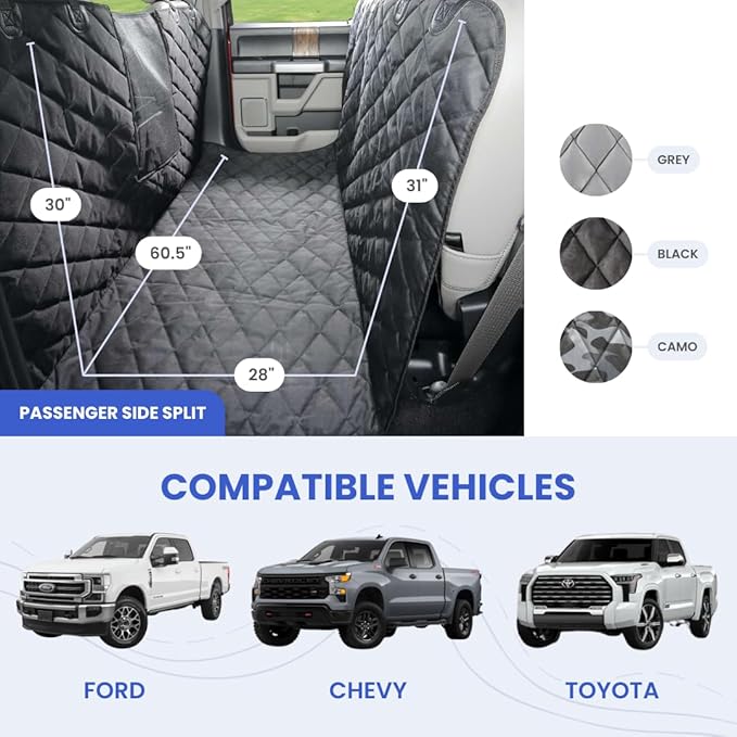 4Knines Dog Floor Hammock For Truck & Crew Cab with Fold Up Seats – Back Seat Pet Cover for Dogs – Compatible with Ford F-150, Ram, GMC, Chevrolet, Toyota Full Size Trucks (Passenger Side Split, Camo)