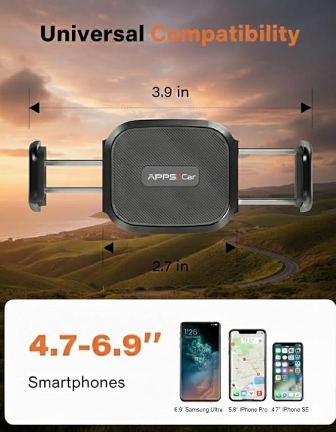 APPS2Car Car Phone Holder Mount - 3-in-1 Dashboard Windshield Air Vent - No Block Camera Thick Case - One Hand Adjustable 4.3”-6.3" Compatible for iPhone 17/16/15 pro max Samsung - Anti-UV Suction cup