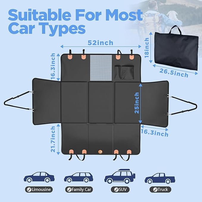 Back Seat Extender for Dogs, PU Leather Dog Car Seat Cover for Back Seat with Hard Bottom, 100% Waterproof, Scratch Proof and Anti Slip Dog Hammock for Car, Holds 400lbs