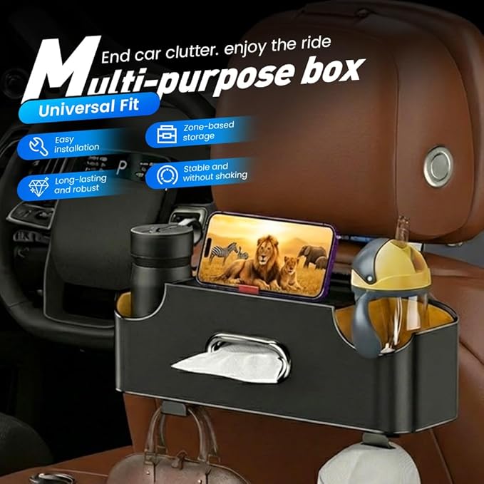 Back Seat Car Organizer, 4-in-1 Car Backseat Organizer with Cup Holder and Storage, Universal Leather Multifunctional Seat Back Storage with Tissue Box,Phone Holder, Trash Bin & Hooks (ORANGE)