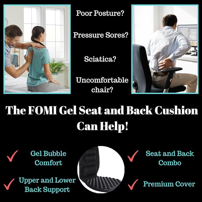 FOMI Premium Gel Cushion and Firm Back Support | Seat Cushion Pad and Upper Lower Thoracic and Lumbar Pillow for Car, Office Chair | Pressure Sore, Coccyx Pain Relief | Posture Aid (Bubble Gel)