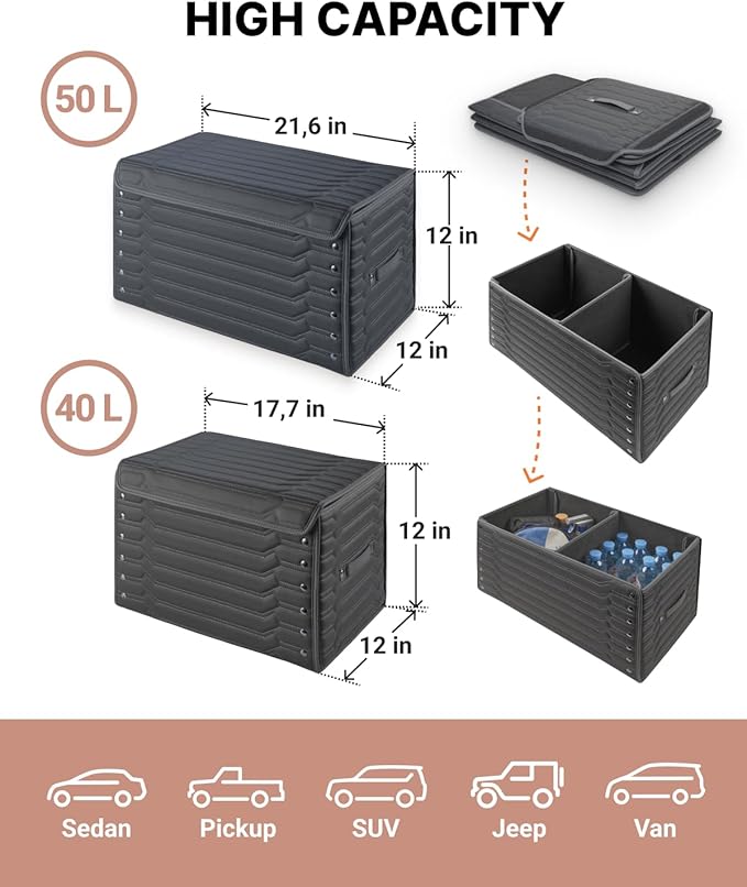 Owleys Car Caddy Organizer Set - 17.7" + 21.6" SUV Trunk Organizer Bundle For Road Trips, Groceries & Tools - Foldable Crates With Magnetic Lids - Stylish Gift For Men - Black Highway