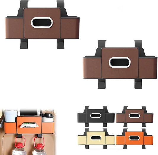 3 in 1 Car Backseat Organizer with Cup Holder, Leather Multifunctional Seat Back Storage with Tissue Box, Phone Holder and Hooks, for Hold Phones, Snacks, Drinks, and Handbags (Brown,2PCS)