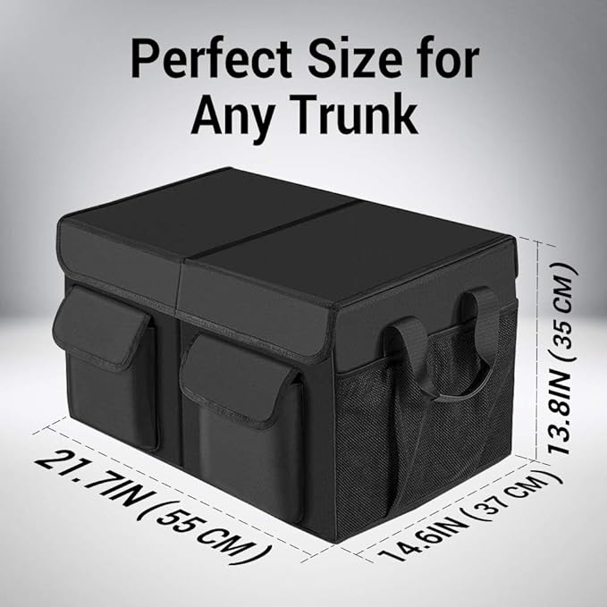 MIU COLOR Car Trunk Organizer with Lid, Collapsible Car Storage Organizer with Reinforced Leather Handles, Non-Slip Bottom, Trunk Organizer for SUV, Van, Jeep (Black with Strap, Extra Large)
