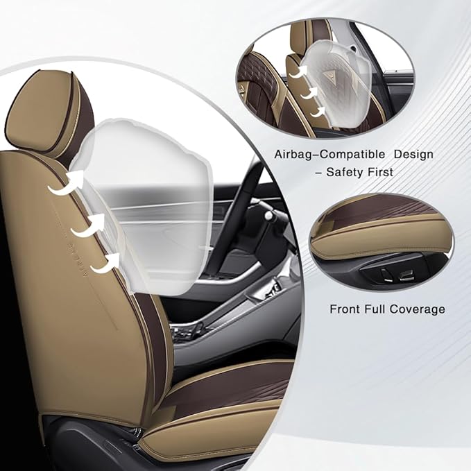 Fit for Dodge Dakota Seat Covers 2000-2011, Nappa Leather, 360° Full Protection, Thick Padding & Memory Foam, Waterproof & Stain-Resistant Car Seat Cover (Fornt Set with Headrests,Brown&Beige)