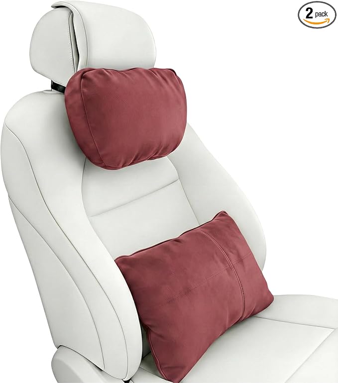 2PCS Car Pillow for Car Neck Pillow for Driving Seat Lumbar Support Soft Cushion with Extra Filling Accessories Back Support for Travel Nap and Trips Sleeping(Red, Head and Lumbar)