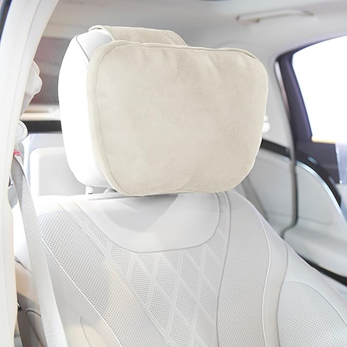 2pcs Car Neck Pillow for headrests,Support Drive Seats Head Cushion Pillows,Superfiber Suede,Plant-Based Polyester,Thickness & Height Adjustable,11.8x7.5,Inner Liner fillable(Off-White)