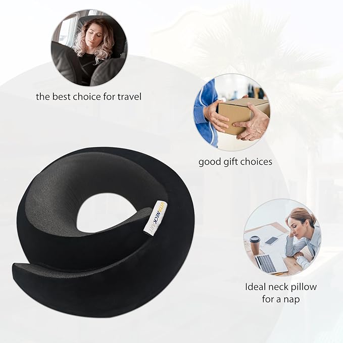 Snail Flexible Neck Pillow, Premium Memory Foam Travel Pillow, 360°Ergonomic Design, Asymmetrical Sides, Suitable for Flight, Car, Office, Washable Pillowcase (Black)