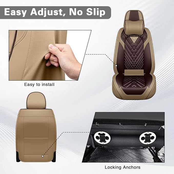 Fit for Dodge Dakota Seat Covers 2000-2011, Nappa Leather, 360° Full Protection, Thick Padding & Memory Foam, Waterproof & Stain-Resistant Car Seat Cover (Fornt Set with Headrests,Brown&Beige)