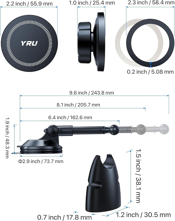 YRU Upgraded Magnetic Phone Holder for Car【Patented & Super Magnet】 for MagSafe Car Mount Dashboard Magnet Phone Holder Windshield Phone Stand for iPhone 17 16 15 14 13 12 Pro Max Samsung, Black