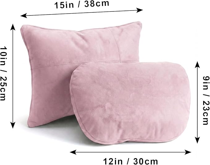 2PCS Car Pillow for Car Neck Pillow for Driving Seat Lumbar Support Soft Cushion with Extra Filling Accessories Back Support for Travel Nap and Trips Sleeping (Light Pink, Head and Lumbar)