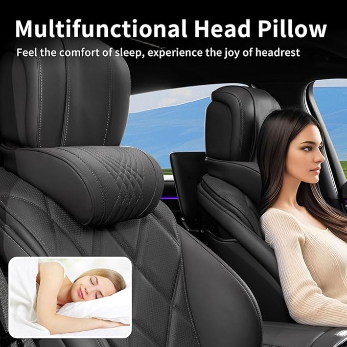 Car Headrest Memory Foam Neck Pillow for Driving with Leather Cover Soft Comfortable Seat Head Pillow Cushion for Most Cars SUV Sedan Home Office Black (2PC)