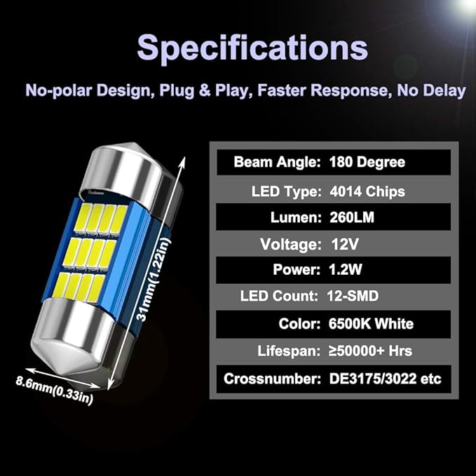 2PCS DE3175 Festoon LED Car Bulb 31mm 1.22in Canbus No Error Extremely Bright 12SMD 4014 Chipsets DE3021 LED Lamp for License Plate Dome Map Door Courtesy Lights,White
