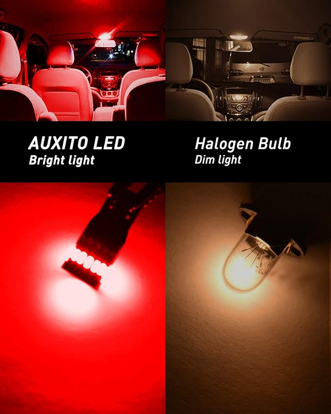 AUXITO Brilliant Red LED Light 168 175 194 2825 W5W T10 24-SMD 3014 Chipsets for Car Powersport Accessory Dome Map Door Courtesy License Plate Lights (Pack of 2)
