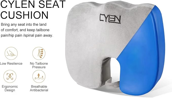 CYLEN Home Office Seat Cushion - Comfort Memory Foam Chair Cushion with Cooling Gel Infused for Tailbone, Coccyx, Back & Sciatica Pain Relief (Grey)