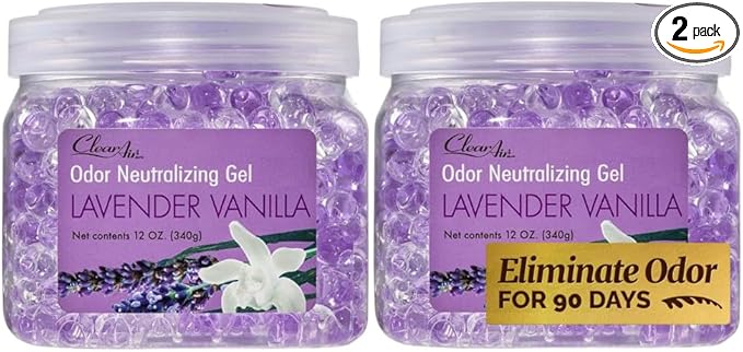 Clear Air Odor Eliminator Gel - 12 oz, Pack of 2 - Air Freshener Made with Essential Oils - Eliminates Odors in Bathrooms, Cars, Boats, RVs & Pet Areas - Lavender Vanilla Scent