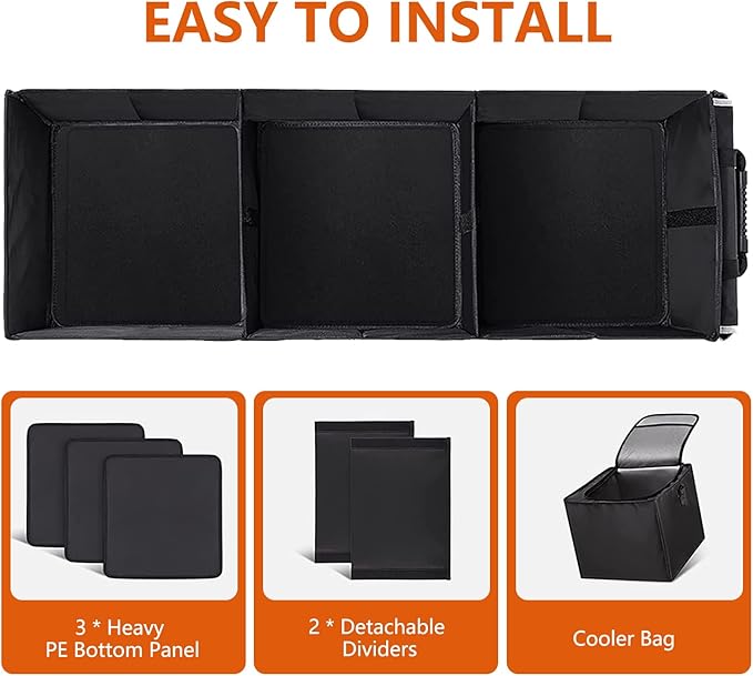 Car Trunk Organizer with Insulated Cooler Bag, 115L Foldable & Waterproof Storage Organizer with Lid for SUV, Truck, Sedan - 4 Large Adjustable Compartments, Heavy Duty & Collapsible Design