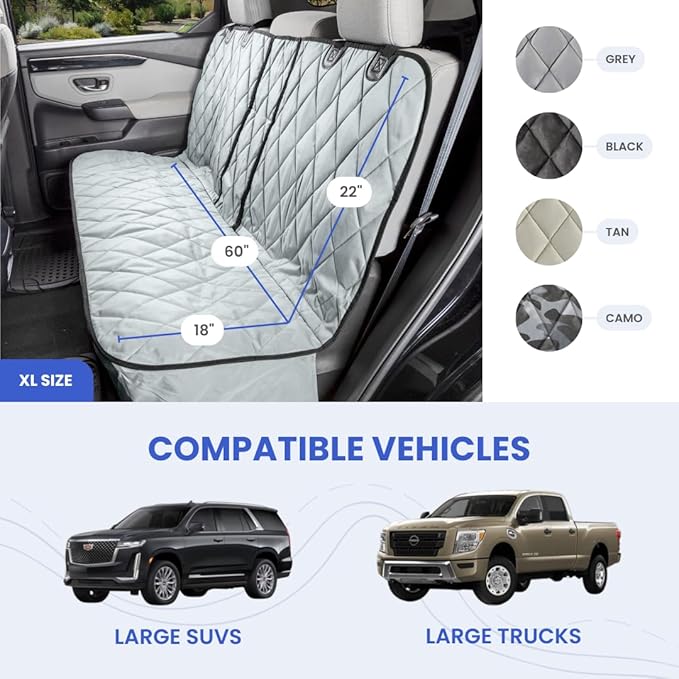4Knines Dog Seat Cover for Back Seat, Heavy Duty Waterproof Rear Seat Protector for Large Trucks, SUVs, Cars - Fits 60/40 Split Bench with Middle Seat Belt, Non-Slip Backseat Cover (Extra Large, Grey)