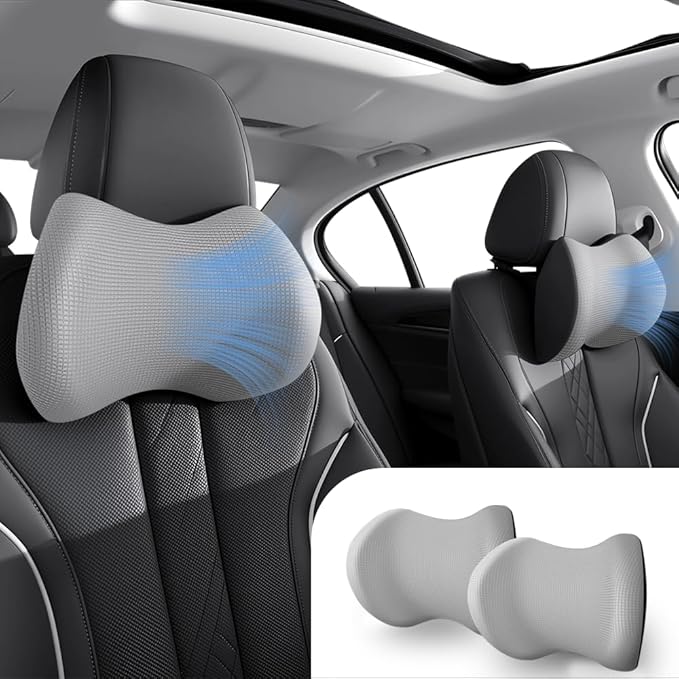 2Pack Car Neck Pillow - No Pressure & Odorless Memory Foam Car Headrest Pillow for Pain Relief, Ergonomic Support with Adjustable Strap & Breathable Removable Cover, Universal Fit(Gray)