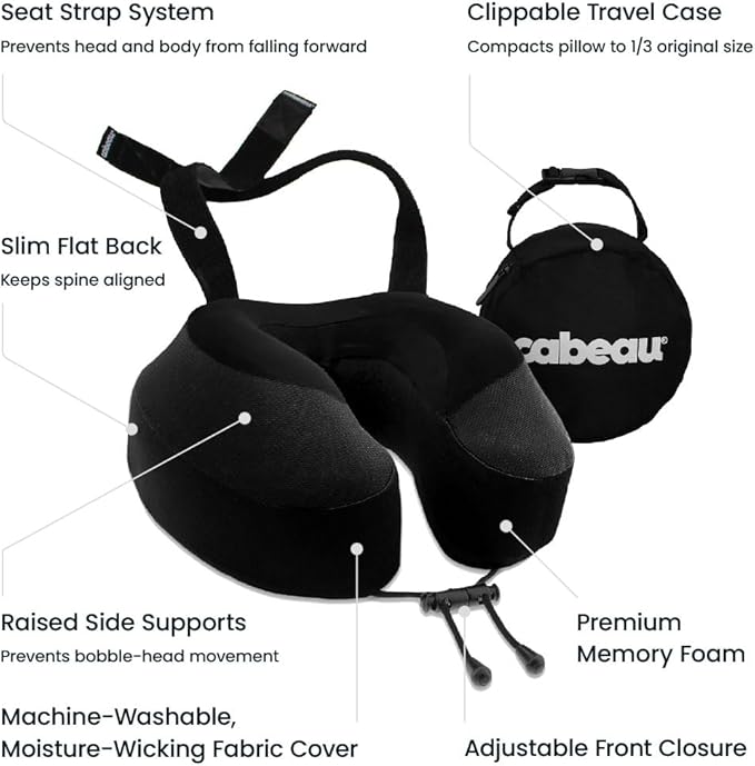 Cabeau Airplane Travel Pillow for Long Flights - Evolution S3 - Supportive Memory Foam with Seat Straps to Secure Your Head and Neck and Provides 360° Support (Jet Black)