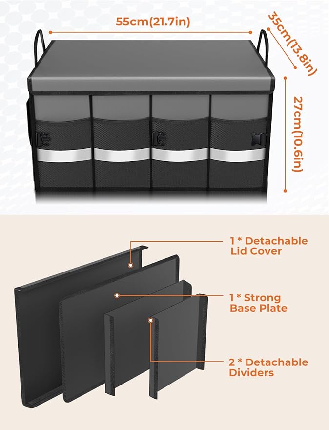 Oasser Car Trunk Organizer Collapsible Multi Compartments SUV Trunk Organizer with Reflective Strip Foldable Cover (Standard, Grey)