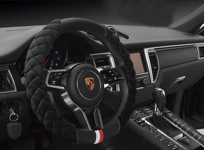 HAOKAY Luxury Fluffy Winter Steering Wheel Cover for Men Women,Soft Warm Short Plush Steering Wheel Cover Black Fuzzy with Universal 14.5-15 Inch