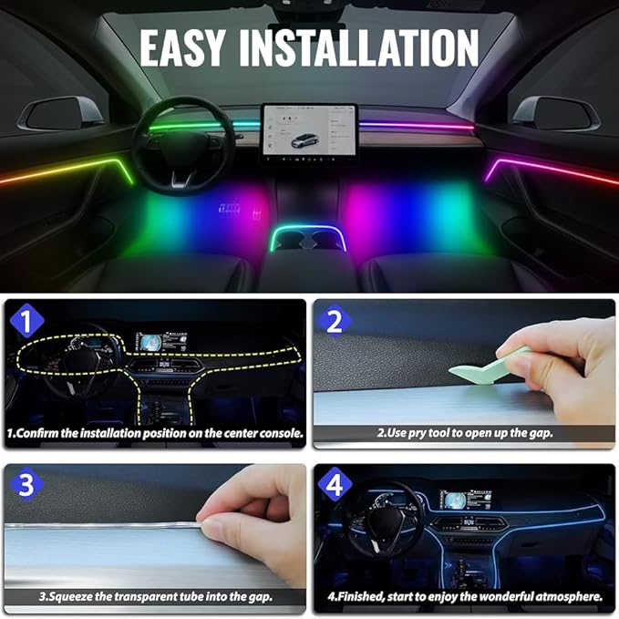 Ambient Lighting Car led Lights Interior, 43.3'' USB Powered Acrylic Neon Flexible Strip Model y Ambient Lighting kit with Remote APP,Dynamic RGB 2 in 1 Music Lights Sync for Inside car Decorations